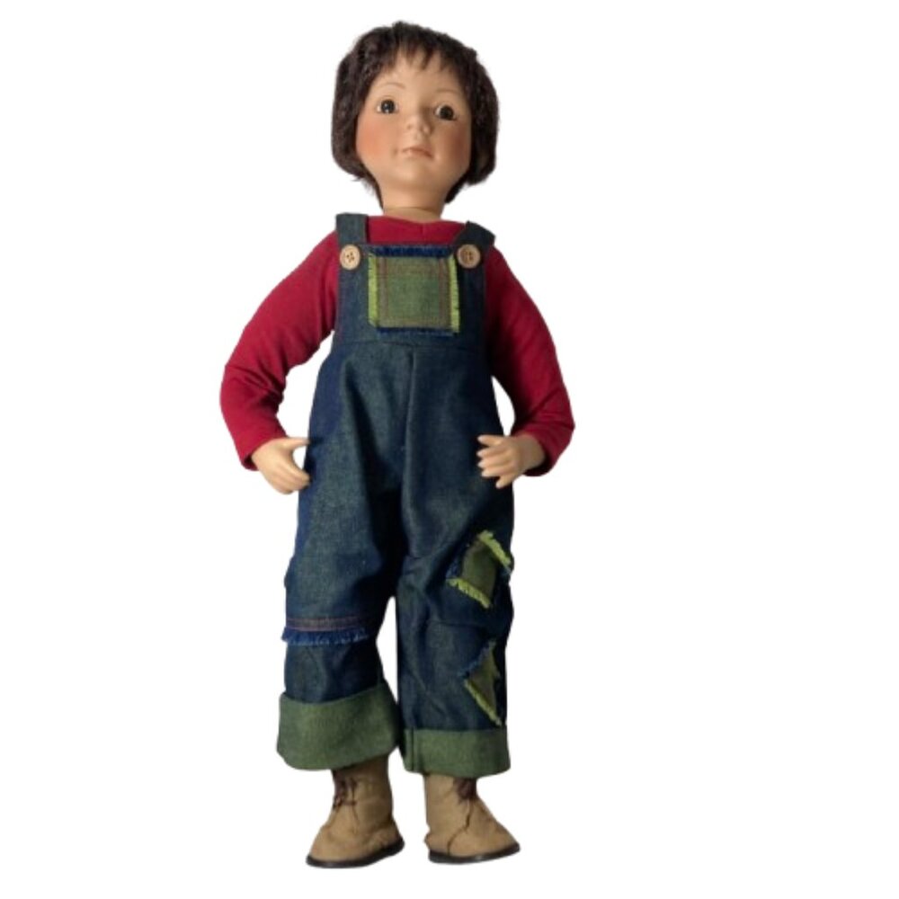 Vintage Duck House Heirloom Porcelein Dolls Ltd Edition, Doll w/Patched Overalls